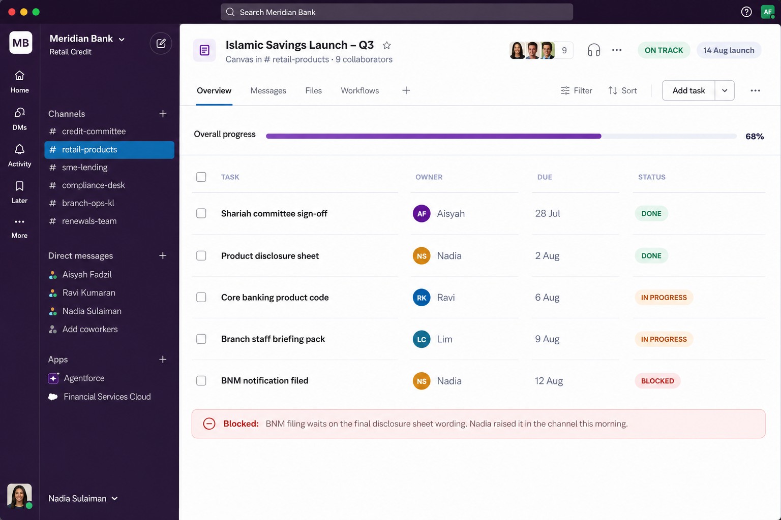 Product launch canvas with owners, due dates and status for each task